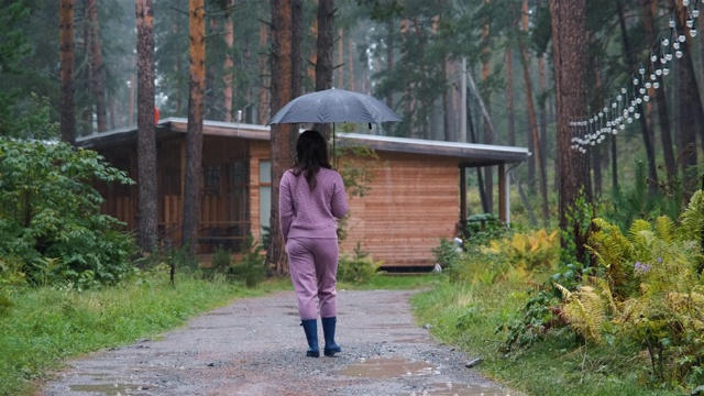 带着雨伞在雨天散步的年轻女子视频素材