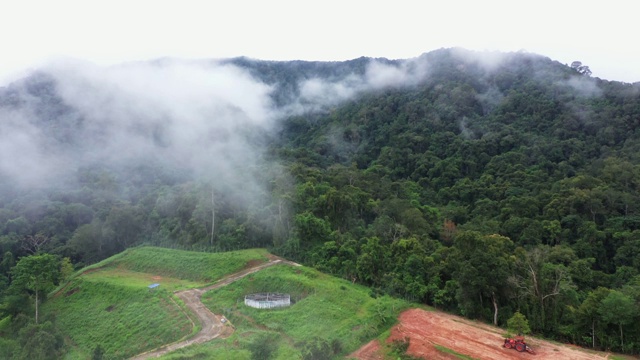 鸟瞰图无人机飞越海雾与稻田在山区，泰国南。视频素材