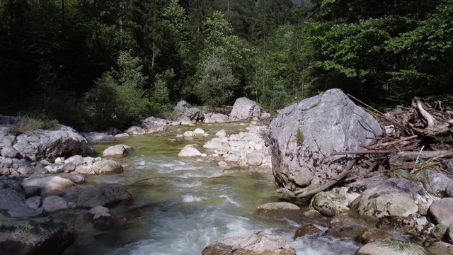 小高山河流，飞过岩石，绿色河岸与落叶树之间，阳光反射视频素材