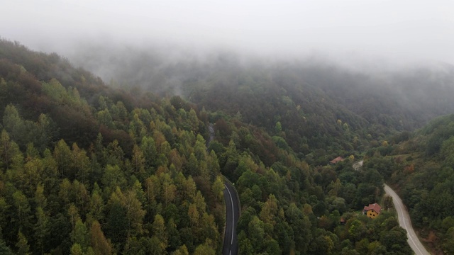 在塞尔维亚的斯特拉平原-路到老山旅游目的地在雾天与森林树木在秋天-旅游旅程和度假概念视频素材