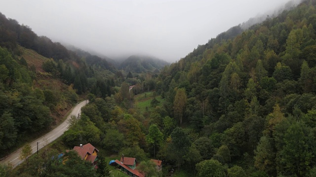 在塞尔维亚的斯特拉平原-路到老山旅游目的地在雾天与森林树木在秋天-旅游旅程和度假概念视频素材