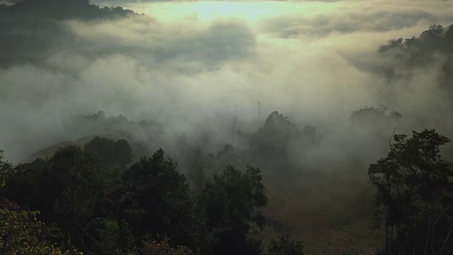 鸟瞰图的雾滚过流动在泰国北部的雨林山，Hyper lapse视频素材