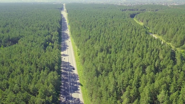 空中:飞回高速公路，位于茂密的森林。视频素材