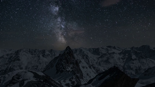 银河银河在繁星点点的夜空中掠过白雪覆盖的阿尔卑斯山脉时光流逝视频素材