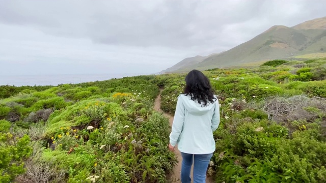 亚洲妇女徒步旅行在大苏尔加利福尼亚视频素材