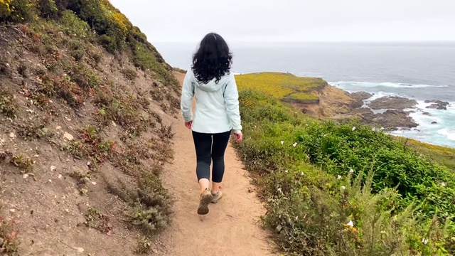 亚洲妇女徒步旅行在大苏尔加利福尼亚视频素材