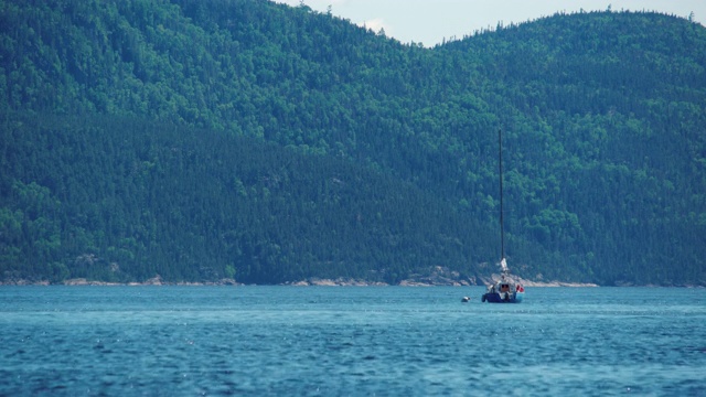 在峡湾抛锚停泊的船，后面是山视频素材