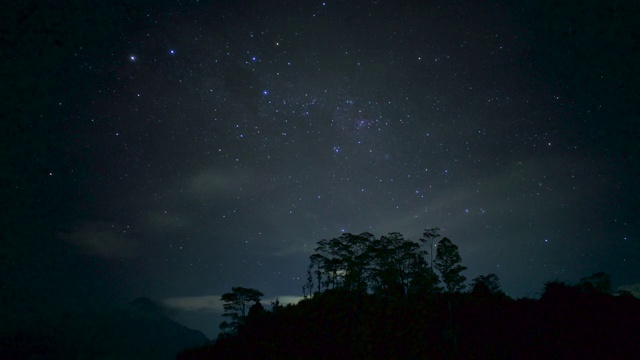 令人心旷神怡的夜晚，森林中的星空。树木之间可见银河。云很快就过去了。闪亮的星星在左边移动。极光。视频素材