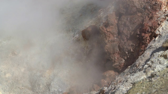 堪察加半岛的火山景观:侵略性的天然温泉源，蒸汽，烟雾蒸汽和气体被火山喷气孔包围视频素材