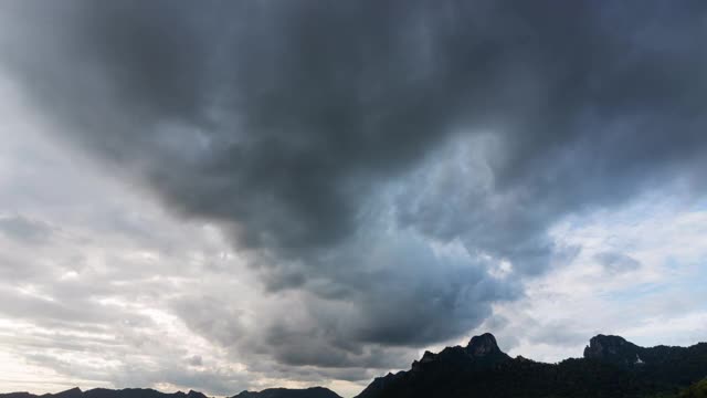 傍晚天空布满了雨云。天空和山的背景时间流逝视频素材