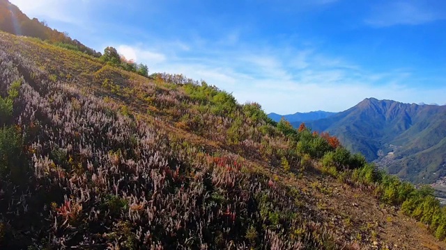 POV时间推移行走在绳索升降机在秋天的山。美丽的金色森林在阿尔卑斯山的背景下，蓝色的天空视频素材