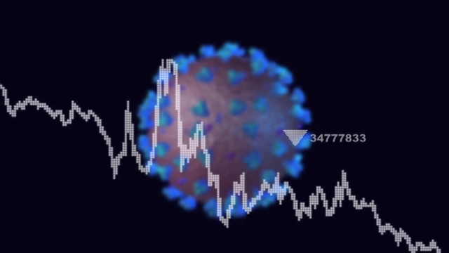 动画飞行通过财务图表和数字。新冠肺炎经济危机，4K股票视频。完全适用于各种主题相关的业务，金融和股票交易。Alpha黑色背景。视频素材