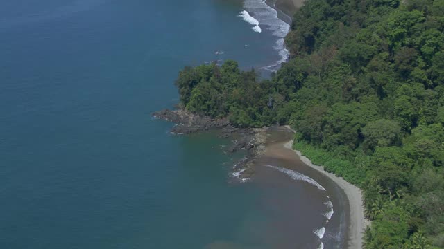 鸟瞰图的岩石海岸线与森林在阿科海滩在马里诺巴雷纳国家公园在哥斯达黎加。视频素材