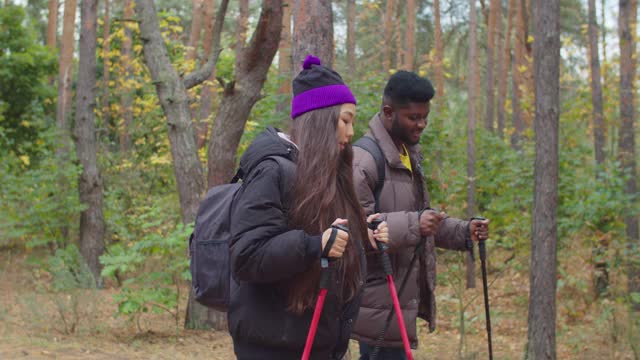 徒步旅行的男人和女人在森林徒步旅行视频素材