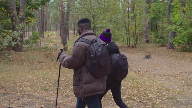 背着背包在树林里徒步旅行的异族夫妇视频素材