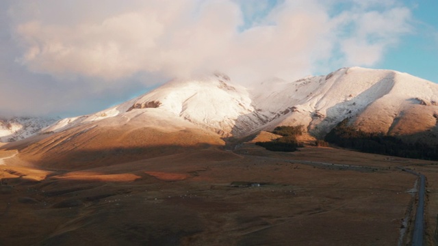 黎明时分，坎波Imperatore，一群奶牛和雪山在后面视频素材