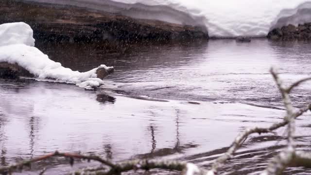 冬季降雪，暴风雪，河流和森林中的流水。冰融化。视频下载