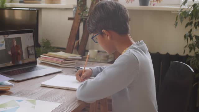 亚洲男孩通过家庭笔记本电脑视频在线学习视频素材