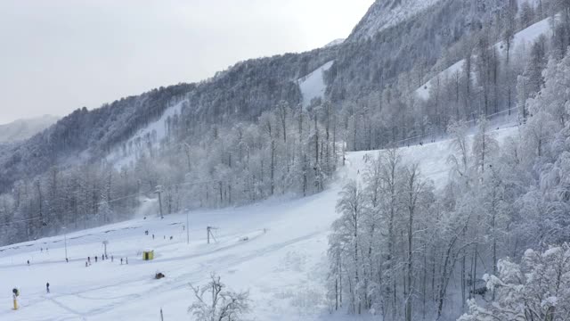 滑雪者和滑雪板在滑雪场的雪坡上滑雪鸟瞰图视频素材