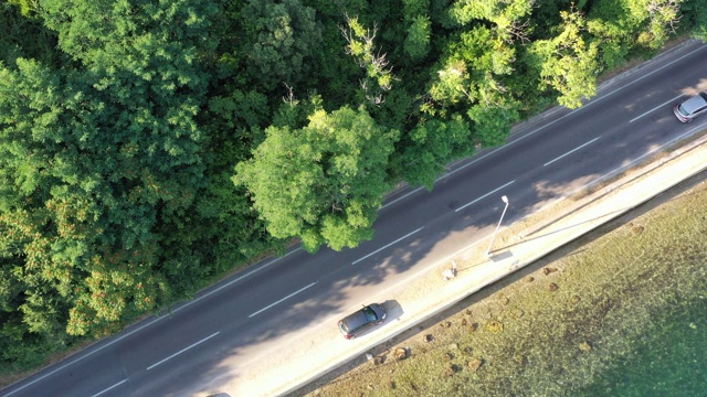 在一个阳光明媚的日子里，通过汽车的道路顶视图。沿途有森林和大海视频素材