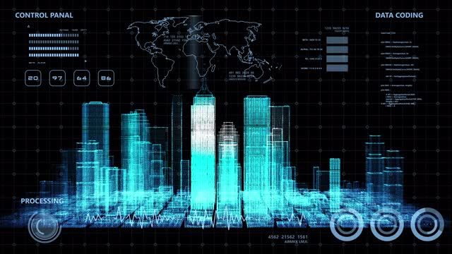 智能世界技术数字智慧城市3D建筑建筑全息图扫描UI显示器屏幕HUD物联网人工智能，安全能源能源技术未来背景视频素材