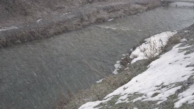 湍急的河流上有暴风雪和冻雨。坏天气。概念。4 k。视频素材