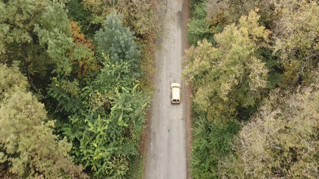 空中俯瞰4k白色汽车行驶在森林的乡村道路在黄昏时分。无人机在松树林的砾石路上飞行视频素材