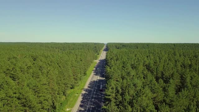 空中:慢镜头:在茂密的森林中飞过高速公路。马路上过往的汽车和卡车。视频素材