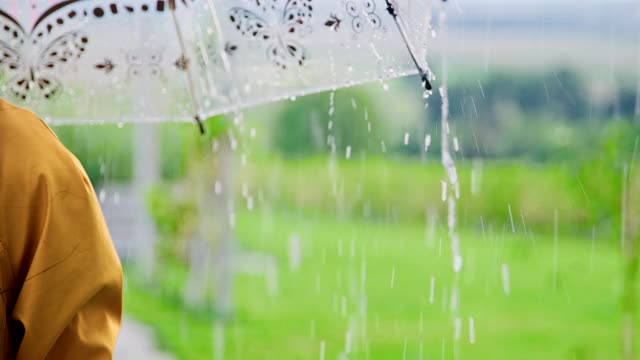 SLO MO女人站在雨中拿着伞视频素材