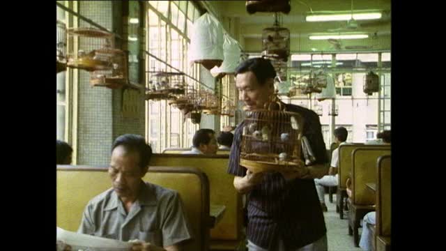 一名男子在香港茶馆抬着鸟笼;1989视频素材