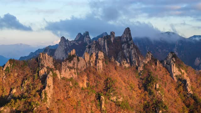 韩国Seoraksan山/江原道的公宁脊(恐龙脊)的秋天云海视频素材