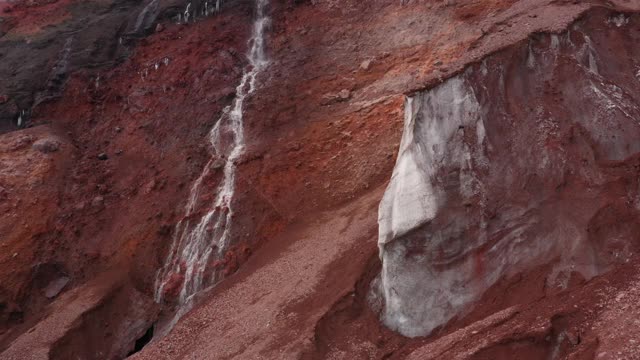 瀑布靠近冰川的大冰或雪墙的最后残余部分的融水瀑布视频素材