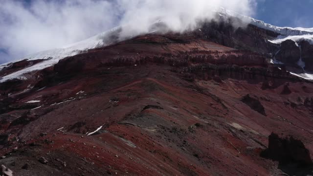 鸟瞰图，缓慢流动的边缘山或火山chimborazo与红色，黑色和灰色的沙子和岩石视频素材