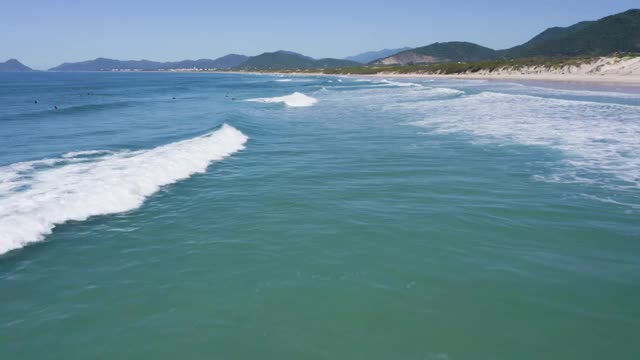 巴西圣卡塔琳娜市Florianópolis Joaquina海滩的冲浪者视频素材