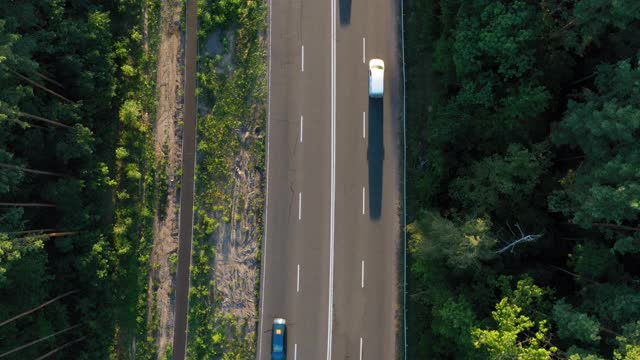 汽车通过森林的鸟瞰图。森林中高速公路上过往的汽车。前视图。视频素材