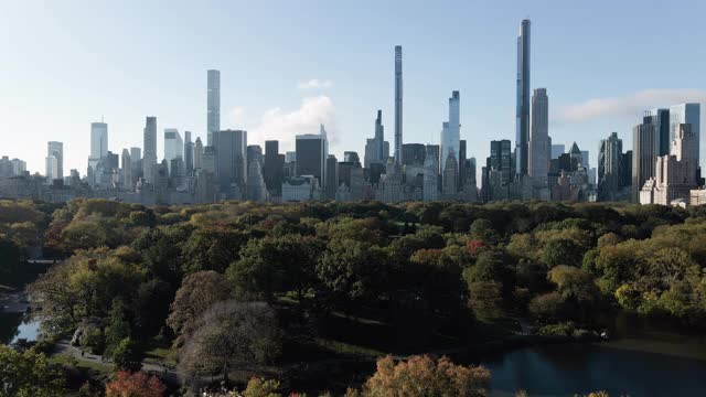 鸟瞰图的纽约市中央公园在一个秋天的早晨视频素材