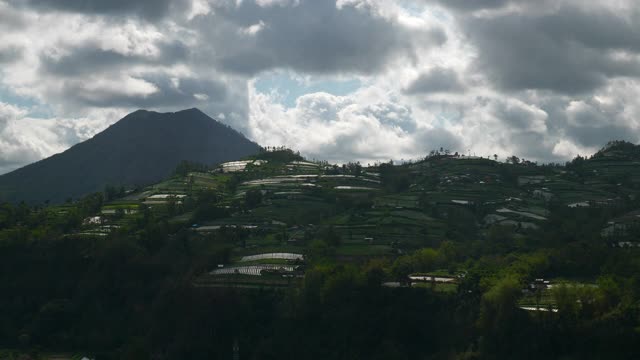 阳光明媚的一天，巴厘岛著名的火山地区，水稻梯田，山田，全景4k印尼视频素材