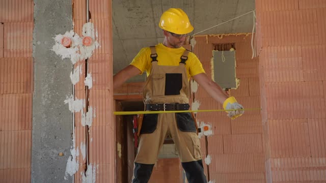 建筑承包商测量混凝土块入口视频素材