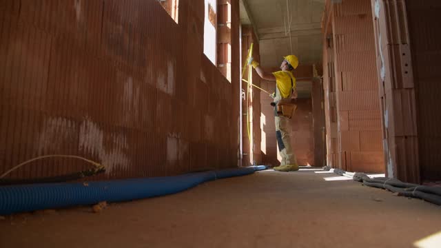 在建筑工地测量混凝土砌块墙的承包商工人视频素材