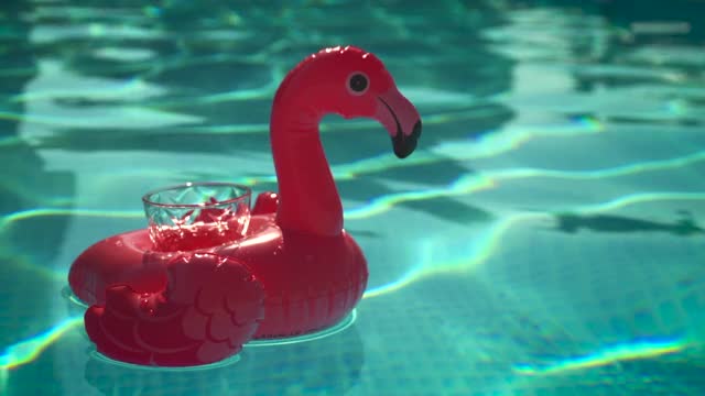 小充气火烈鸟杯持有人漂浮在一个游泳池与玻璃在它在慢动作视频素材