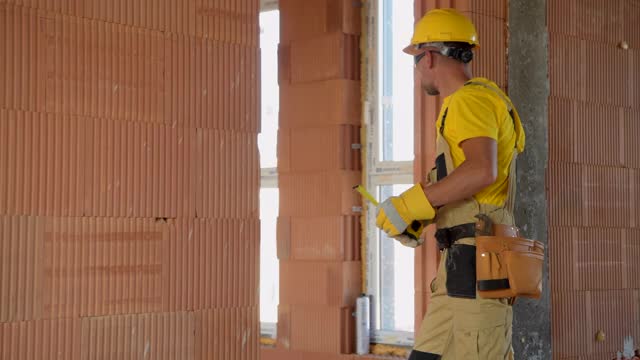 建筑工人在新建建筑内工作视频素材