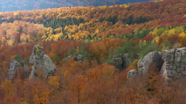 鸟瞰图，秋山中名为Dovbush rocks的岩层视频素材