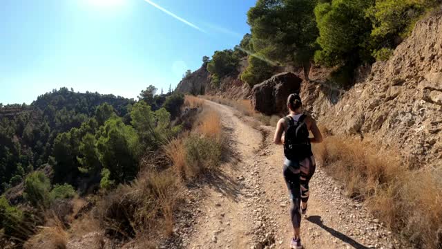 徒步旅行者在山林和小路上行走。一群人在山景中徒步旅行。健康的运动员在山上进行徒步旅行。视频素材