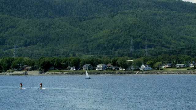 海岸景观与人们在桨板。视频素材