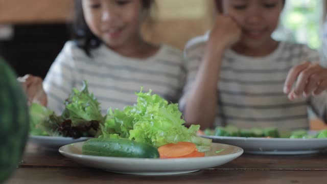 两个可爱的亚洲女孩在厨房里快乐地帮助父母用蔬菜装饰家庭聚餐的菜肴视频素材