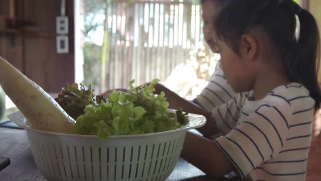 两个可爱的亚洲女孩在厨房里快乐地帮父母布置菜和准备食材，然后一起做家庭晚餐的蔬菜视频素材