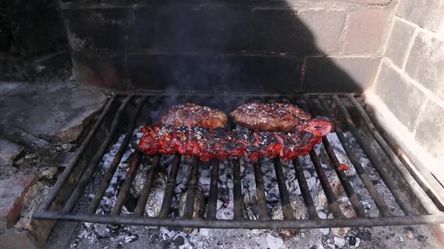 近距离烧烤肋骨和猪肉在木材和木炭烤架上视频素材