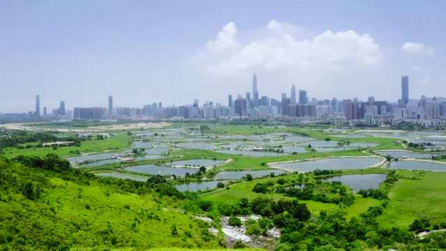 在香港和中国深圳之间的乡村绿地和鱼塘视频素材