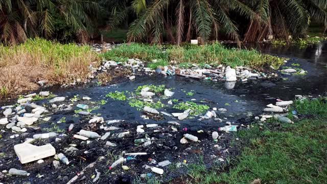 越过被污染的深色河流视频素材