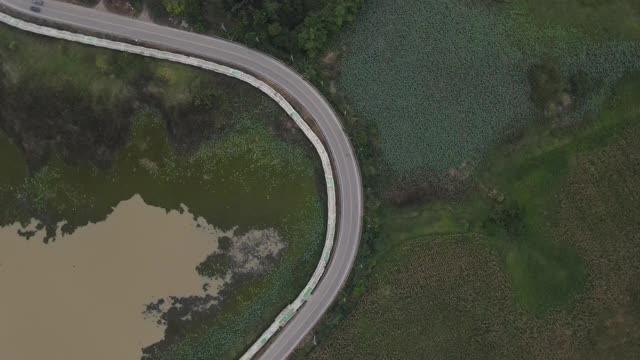 4k空中俯视图旋转缩放在汽车驾驶的环岛道路和自行车道在湿地、湖泊和农业领域视频素材